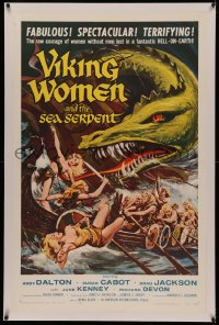 4y0221 VIKING WOMEN & THE SEA SERPENT linen 1sh 1958 art of sexy female warriors attacked on ship!