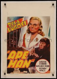 4z0112 APE MAN linen Belgian 1940s Bela Lugosi in title role, Louise Currie, cool horror art!