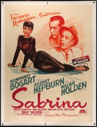 4z0027 SABRINA linen French 1p 1955 Soubie art of Audrey Hepburn, Humphrey Bogart & Holden, rare!