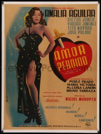 4z0097 AMOR PERDIDO linen Mexican poster 1951 Juanino Renau Berenguer art of sexy Amalia Aguilar, rare!