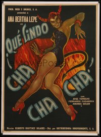 4z0103 QUE LINDO CHA CHA CHA linen Mexican poster 1955 Cabral art of sexy devilish woman, ultra rare