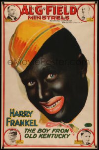 4z0143 AL. G. FIELD MINSTRELS linen 26x40 stage poster 1920s art of Harry Frankel in blackface, rare!