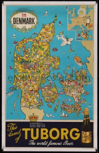4z0147 TUBORG BREWERY linen 25x39 Danish advertising poster 1950s Hakon Mielche art of map of Denmark!