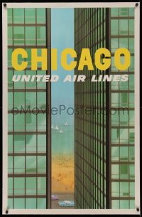 4z0125 UNITED AIR LINES CHICAGO linen 25x40 travel poster 1950s Galli art of Lake Michigan & city!