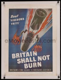 4z0163 BRITAIN SHALL NOT BURN linen 17x23 English repro poster 1970s Rosen art of Nazi bomb!