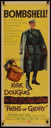 5a0151 PATHS OF GLORY insert 1958 Stanley Kubrick classic, great artwork of Kirk Douglas in WWI!