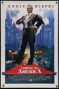 5b0867 COMING TO AMERICA int'l 1sh 1988 great artwork of African Prince Eddie Murphy by Drew!