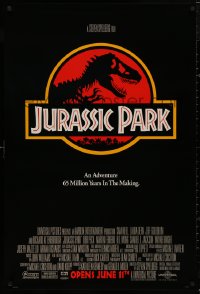 5b0967 JURASSIC PARK advance 1sh 1993 Steven Spielberg, classic logo with T-Rex over red background