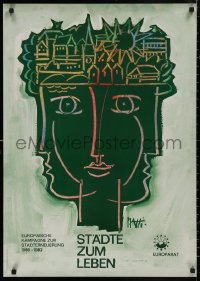 5b0292 STADTE ZUM LEBEN 23x33 German special poster 1980s wild art of city on many faces by Platti!