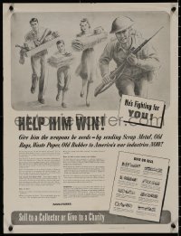 5b0173 HELP HIM WIN 18x23 WWII war poster 1940s art of citizens w/scrap material running w/soldier!
