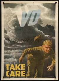 5b0180 TAKE CARE VD 16x22 Australian WWII war poster 1946 soldier escaping venereal disease!