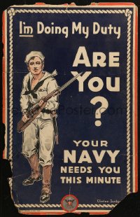 5c0305 YOUR NAVY NEEDS YOU THIS MINUTE 14x22 WWI military recruiting poster 1917 Jordan art, rare!