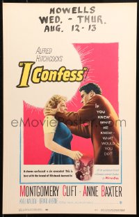 5c0611 I CONFESS WC 1953 Alfred Hitchcock, art of Montgomery Clift shaking Anne Baxter!