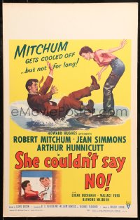 5c0673 SHE COULDN'T SAY NO WC 1954 sexy short-haired Jean Simmons by Dr. Robert Mitchum falling!