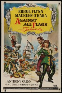 5d0026 AGAINST ALL FLAGS 1sh 1952 cool Brown artwork of pirate Errol Flynn w/swashbuckling O'Hara!