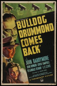 5d0153 BULLDOG DRUMMOND COMES BACK 1sh 1937 John Howard in title role, Barrymore, ultra rare!