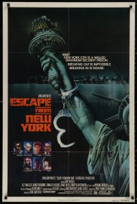 5d0339 ESCAPE FROM NEW YORK advance 1sh 1981 Carpenter, art of handcuffed Lady Liberty by Stan Watts!