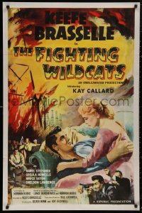 5d0369 FIGHTING WILDCATS 1sh 1957 art of Keefe Brasselle romancing Kay Callard + oil field on fire!