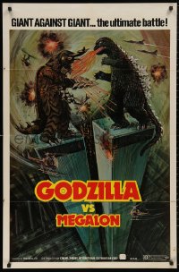 5d0458 GODZILLA VS. MEGALON 1sh 1976 Gojira tai Megaro, art of monsters battling on Twin Towers!