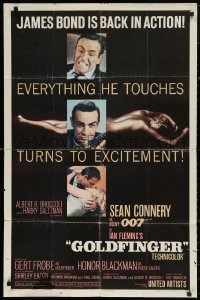 5d0461 GOLDFINGER 1sh 1964 three great images of Sean Connery as James Bond 007 with glossy finish!