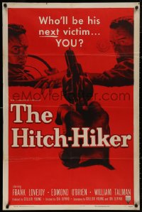 5d0522 HITCH-HIKER 1sh 1953 POV art of hitchhiker in back seat pointing gun at front!