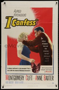 5d0545 I CONFESS 1sh 1953 Alfred Hitchcock, art of Montgomery Clift grabbing Anne Baxter!