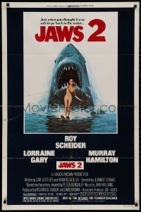 5d0580 JAWS 2 1sh 1978 great classic art of giant shark attacking girl on water skis by Lou Feck!