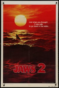 5d0582 JAWS 2 teaser 1sh 1978 shark's fin cutting through ocean at sunset, plus most iconic tagline!