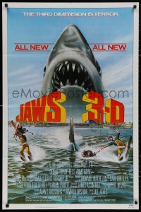 5d0583 JAWS 3-D 1sh 1983 great Gary Meyer shark artwork, the third dimension is terror!