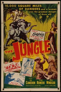 5d0598 JUNGLE 1sh 1952 cool art of Marie Windsor & Rod Cameron on elephant in India!