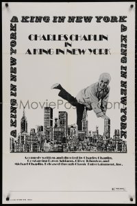 5d0615 KING IN NEW YORK 1sh R1973 image of Charlie Chaplin over NYC skyline, Empire State Building!