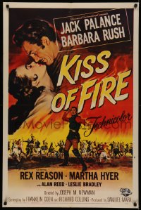 5d0630 KISS OF FIRE 1sh 1955 romantic art of Jack Palance as El Tigre & sexy Barbara Rush!