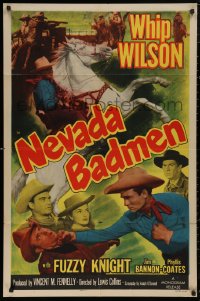 5d0812 NEVADA BADMEN 1sh 1951 Whip Wilson with Phyllis Coates, punching bad guy & on horse!