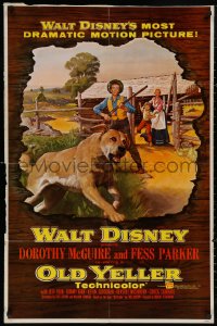 5d0843 OLD YELLER 1sh 1957 Dorothy McGuire, Fess Parker, art of Disney's most classic canine!