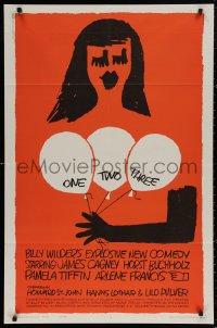 5d0856 ONE, TWO, THREE 1sh 1962 Billy Wilder, wonderful Saul Bass art of girl with balloons!