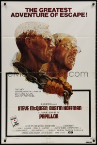 5d0866 PAPILLON 1sh 1973 prisoners Steve McQueen & Dustin Hoffman by Tom Jung, Allied Artists!