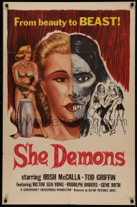 5d1008 SHE DEMONS 1sh 1958 experiments gone wrong, dangerous sexy women go from beauty to beast!