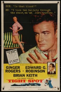 5d1149 TIGHT SPOT 1sh 1955 wounded Brian Keith, art of sexy Ginger Rogers, great tagline!
