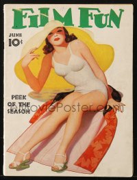 5f1037 FILM FUN magazine June 1940 sexy pin-up cover art of girl at the beach by Enoch Bolles!