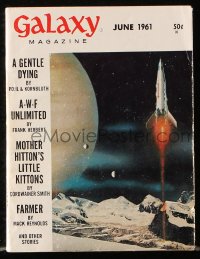 5f1242 GALAXY SCIENCE FICTION magazine June 1961 cool cover art of rocket in space by Wenzel!