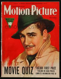 5f1146 MOTION PICTURE magazine November 1938 cover art of Errol Flynn in fedora & trench coat!