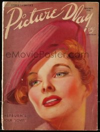 5f0873 PICTURE PLAY magazine November 1936 wonderful cover art of Katharine Hepburn, her 4 loves!