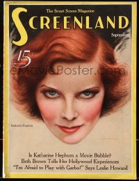 5f1194 SCREENLAND magazine September 1933 great cover art of Katharine Hepburn by Charles Sheldon!