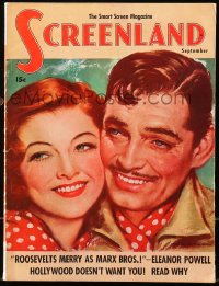 5f1201 SCREENLAND magazine September 1938 cover art of Clark Gable & Myrna Loy by Marland Stone!