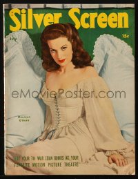 5f1212 SILVER SCREEN magazine July 1945 great cover portrait of sexy Maureen O'Hara in gown on bed!