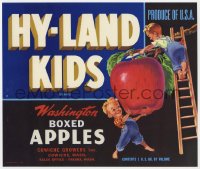 5g0086 HY-LAND-KIDS 9x11 crate label 1940s great art of tiny kids harvesting giant apple!
