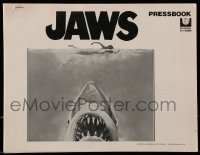 5g0797 JAWS pressbook 1975 art of Steven Spielberg's classic man-eating shark attacking sexy swimmer!