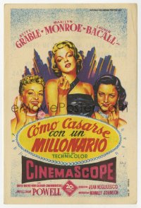 5g0212 HOW TO MARRY A MILLIONAIRE Spanish herald 1954 Soligo art of Marilyn Monroe, Grable & Bacall!