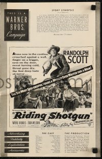 5g0915 RIDING SHOTGUN pressbook 1954 great artwork of cowboy Randolph Scott with smoking gun!