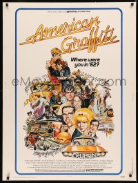 5h0336 AMERICAN GRAFFITI 30x40 1973 George Lucas teen classic, wacky Mort Drucker artwork of cast!